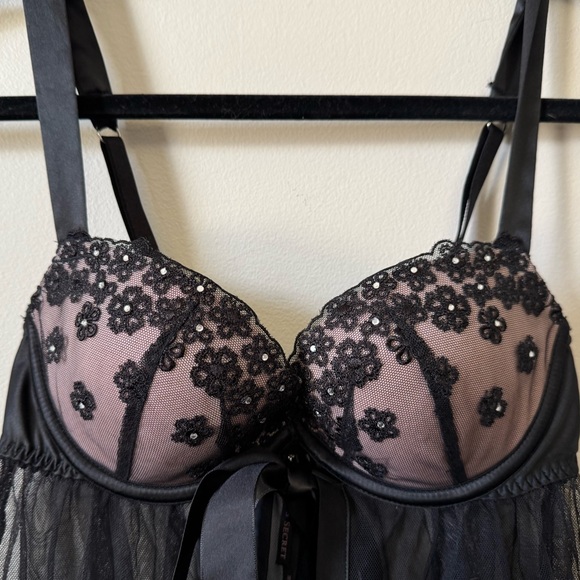 Victoria’s Secret black sheer mesh babydoll lingerie floral rhinestone bra - Picture 2 of 5